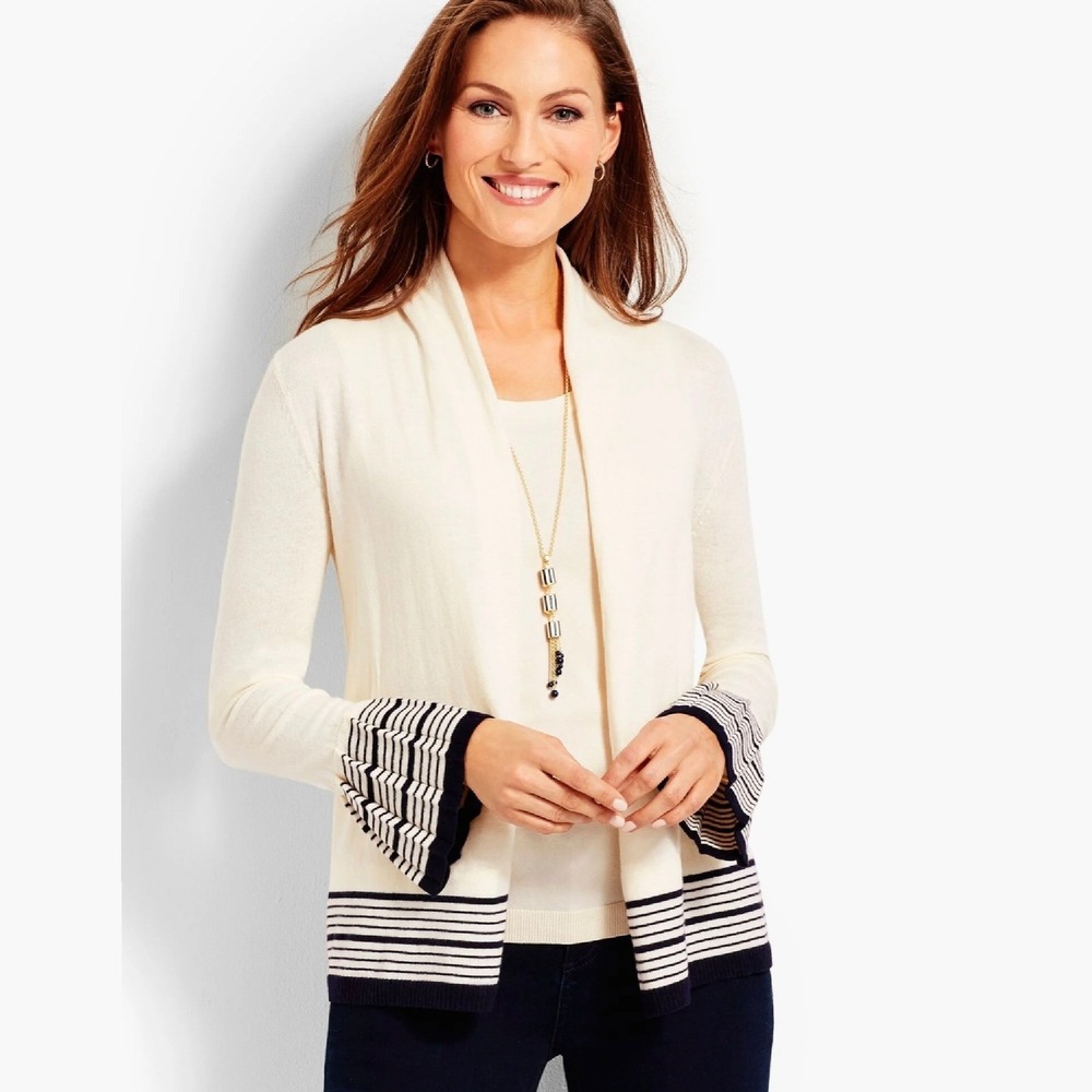 Talbots Cardigan Open Front Sweater XLP Petite Cream Navy Striped Preppy Coastal